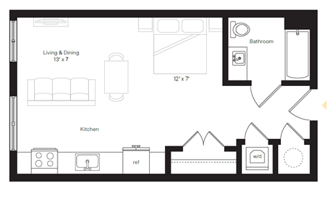 Floor plan for studio, 1 bath, 465 sqft