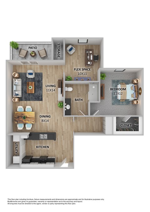 Floor plan for 1 bed, 1 bath, 952 sqft