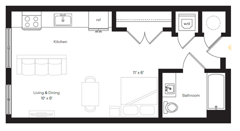Floor plan for studio, 1 bath, 490 sqft