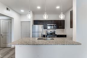 Lewisville apartment for rent - A kitchen with a granite countertop and a microwave above it.