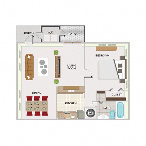 Floor plan for 1 bed, 1 bath, 641 sqft