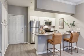 Dallas apartment for rent - an open kitchen with stainless steel appliances and a counter with two chairs