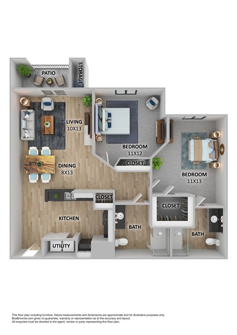 Floor plan for 2 beds, 2 baths, 1004 sqft
