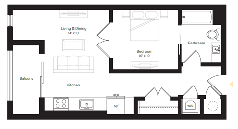Floor plan for 1 bed, 1 bath, 553 sqft