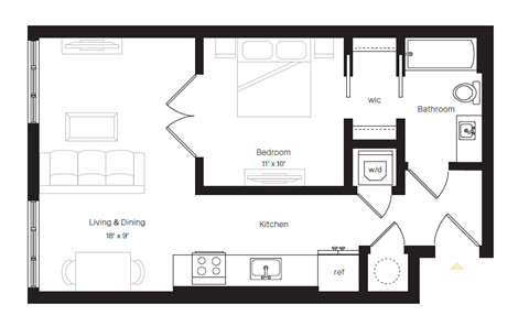 Floor plan for 1 bed, 1 bath, 559 sqft