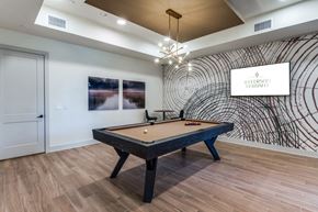 Mckinney apartment for rent - A pool table in a room with a wooden floor and a wall mural.
