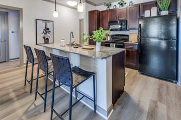 Georgetown apartment for rent - A kitchen with a black refrigerator and a marble countertop.