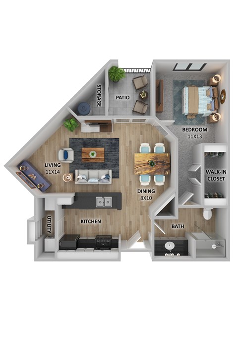 Floor plan for 1 bed, 1 bath, 748 sqft