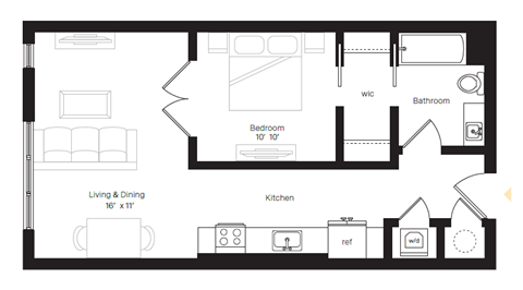 Floor plan for 1 bed, 1 bath, 621 sqft