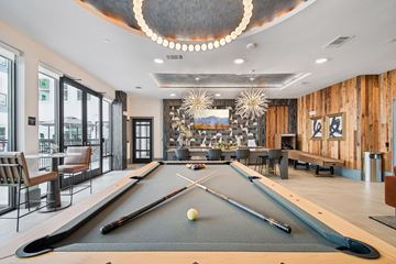 Austin apartment for rent - A pool table is in the middle of a room with a bar and a dining area.