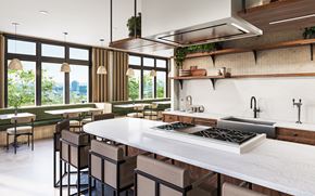 Charlotte apartment for rent - a rendering of a kitchen with a large island and a table with chairs