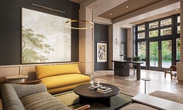 Charlotte apartment for rent - A modern living room with a yellow sofa and a grey couch.
