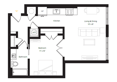 Floor plan for 1 bed, 1 bath, 645 sqft
