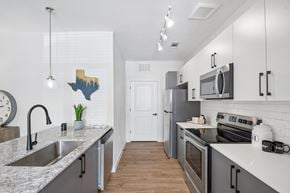 Leander townhouse for rent - A kitchen with a white counter top and a stainless steel sink.
