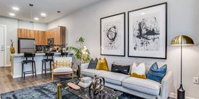 Fort Worth apartment for rent - A living room with a grey couch, a black coffee table, and a bar area with stools.