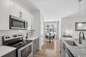 Leander apartment for rent - A modern kitchen with a stove top oven and microwave.