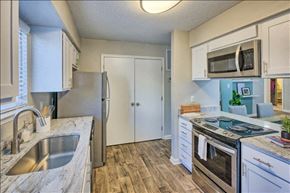 Raleigh apartment for rent - a kitchen with a stove top oven next to a sink