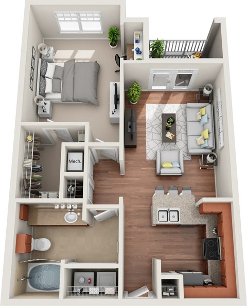 Floor plan for 1 bed, 1 bath, 758 sqft