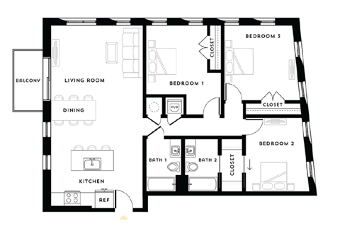 Floor plan for 3 beds, 2 baths, 1331 sqft