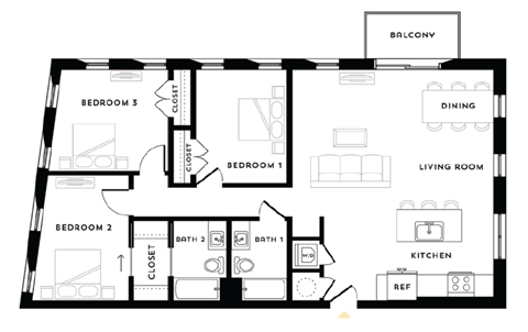 Floor plan for 3 beds, 2 baths, 1335 sqft