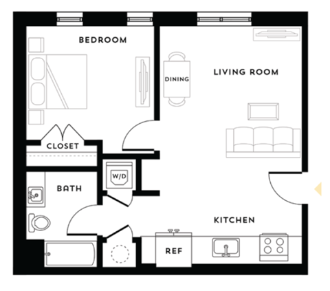 Floor plan for 1 bed, 1 bath, 618 sqft