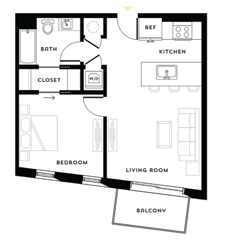 Floor plan for 1 bed, 1 bath, 635 sqft