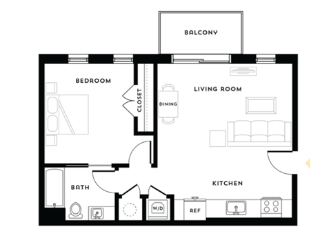 Floor plan for 1 bed, 1 bath, 656 sqft