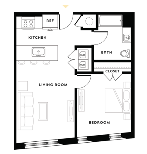 Floor plan for 1 bed, 1 bath, 672 sqft
