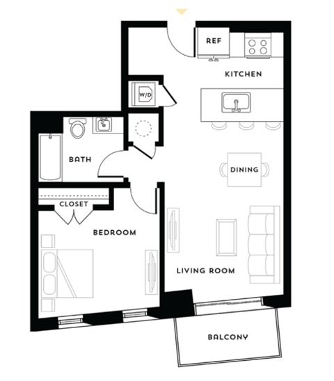 Floor plan for 1 bed, 1 bath, 678 sqft