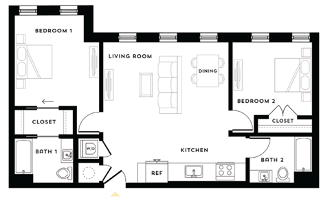 Floor plan for 2 beds, 2 baths, 904 sqft