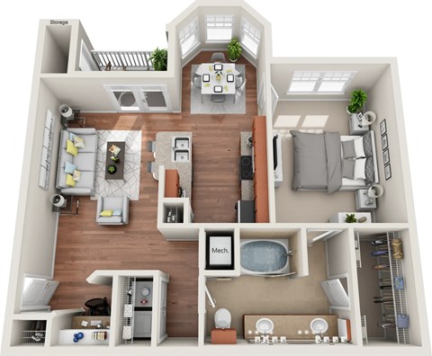 Floor plan for 1 bed, 1 bath, 841 sqft