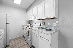 El Paso apartment for rent - a white kitchen with white cabinets and a white refrigerator
