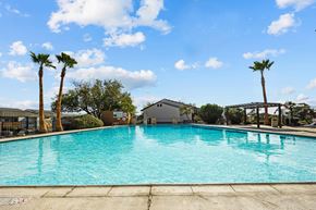 El Paso apartment for rent - a large swimming pool with palm trees and a building in the background