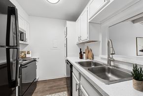 Dallas apartment for rent - A modern kitchen with a black refrigerator and stainless steel sink.