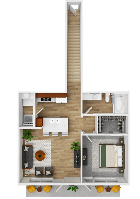 Floor plan for 1 bed, 1 bath, 684 sqft
