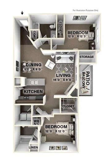 Floor plan for 2 beds, 2 baths, 1088 sqft