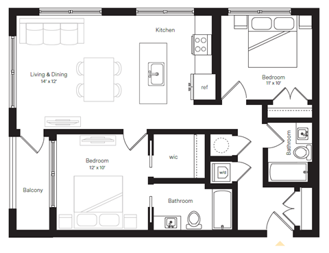 Floor plan for 2 beds, 2 baths, 919 sqft