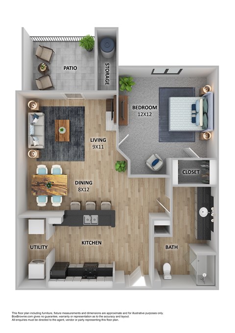 Floor plan for 1 bed, 1 bath, 684 sqft