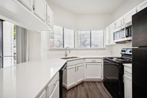Dallas apartment for rent - a renovated kitchen with white cabinets and black appliances
