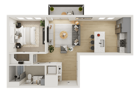 Floor plan for 1 bed, 1 bath, 671 sqft