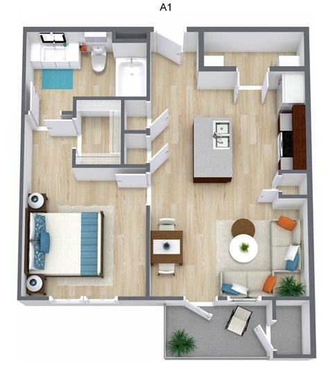 Floor plan for 1 bed, 1 bath, 638 sqft