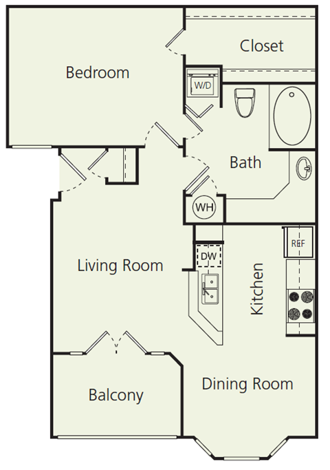 Floor plan for 1 bed, 1 bath, 713 sqft