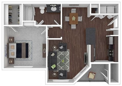 Floor plan for 1 bed, 1 bath, 658 sqft