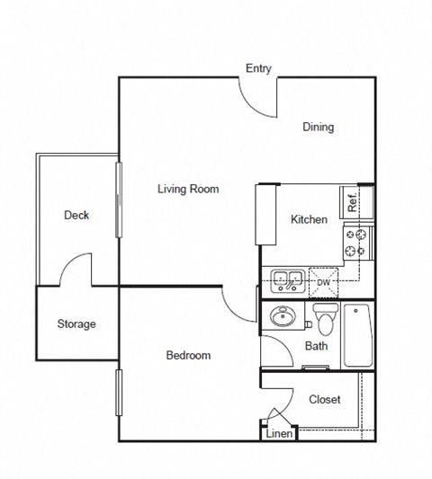 Floor plan for 1 bed, 1 bath, 606 sqft