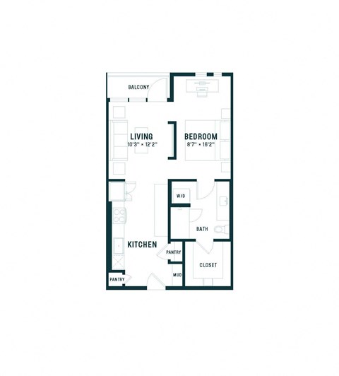 Floor plan for 1 bed, 1 bath, 640 sqft
