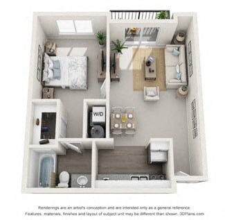 Floor plan for 1 bed, 1 bath, 630 sqft