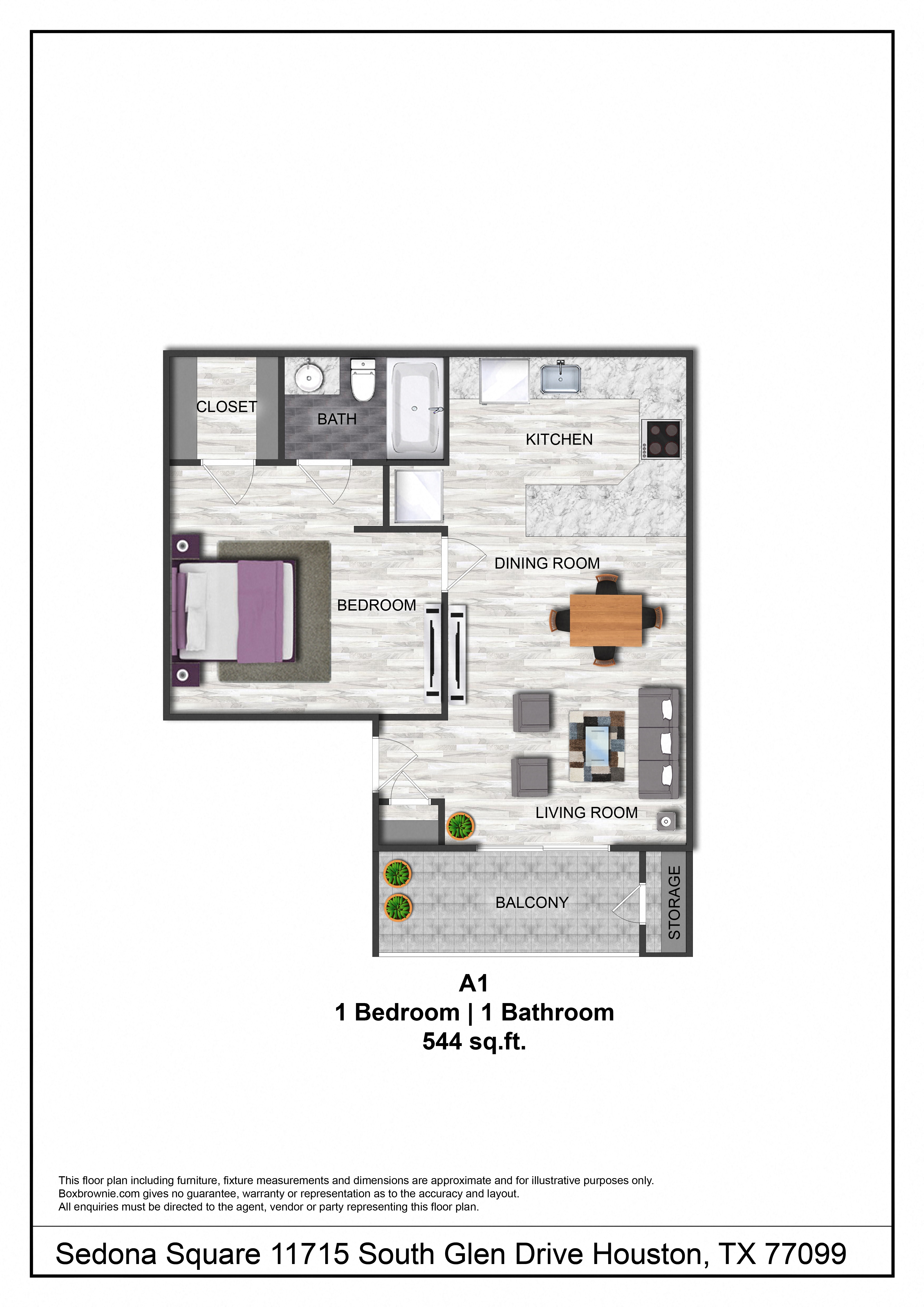 Floor plan for 1 bed, 1 bath, 544 sqft