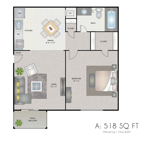 Floor plan for 1 bed, 1 bath, 518 sqft