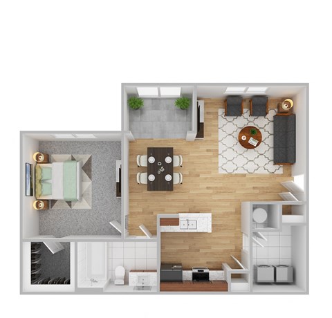 Floor plan for 1 bed, 1 bath, 678 sqft