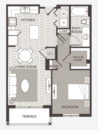 Floor plan for 1 bed, 1 bath, 745 sqft